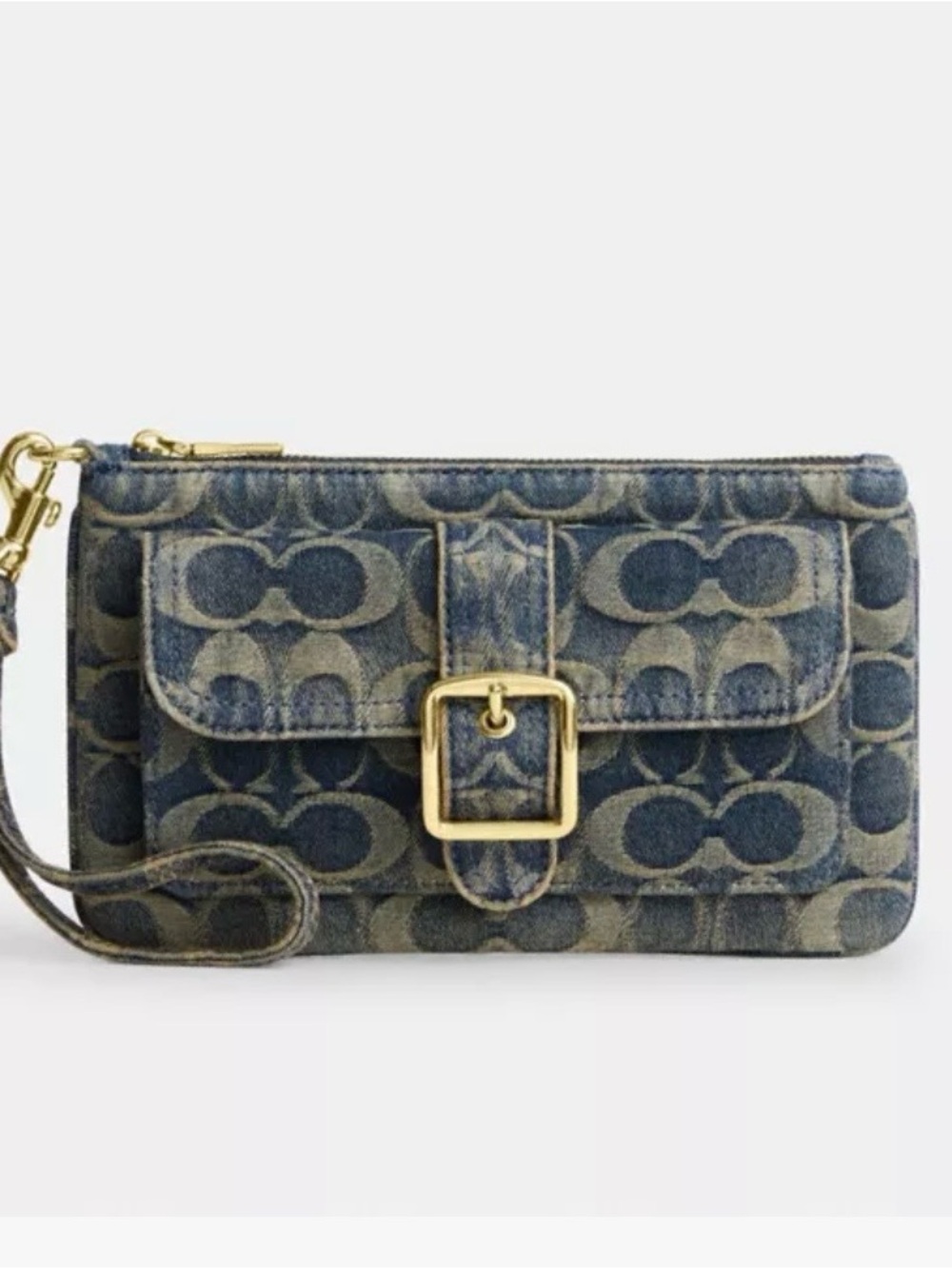 Coach Blue Denim Signature Wristlet with Gold Buckle